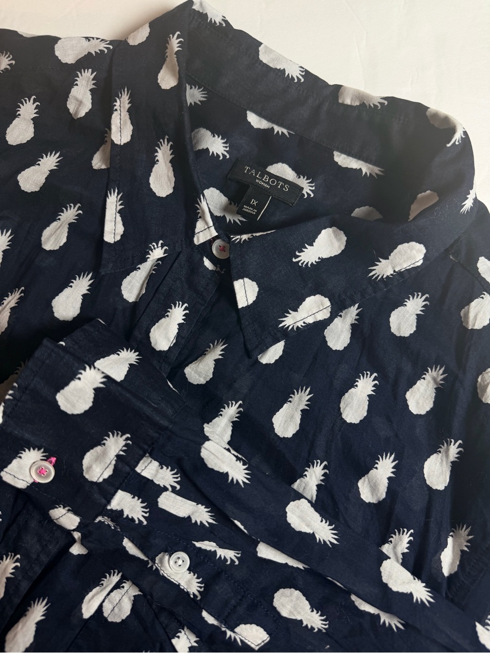 Talbots Women's Navy Blue Pineapple Print Button Up Shirt 1X Cotton Long Sleeve - Picture 8 of 8